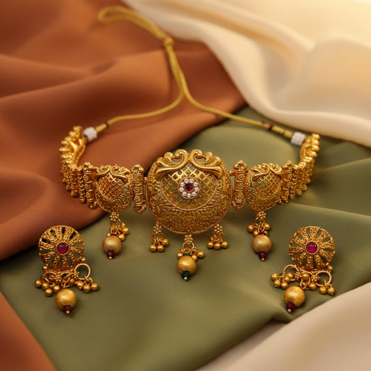 Gold Plated Indian Choker Necklace & Earrings Set | Traditional Jewelry