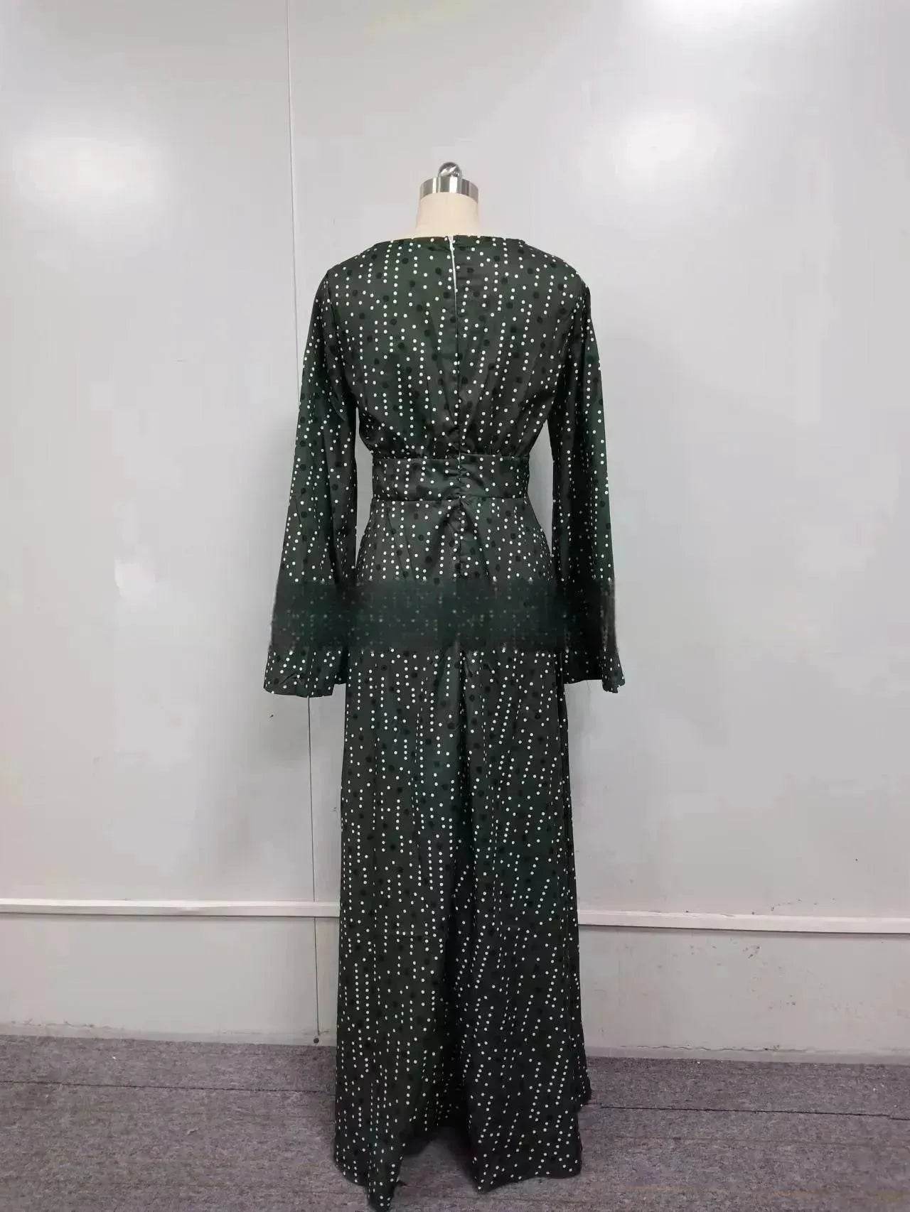 Green Gradient Spot Print Fashion Temperament Deep V Swing Dress