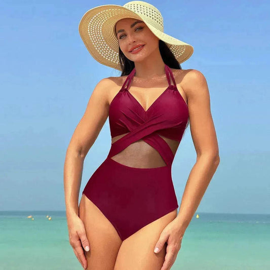 Halter neck One piece Swimsuit Summer Bikini Beach Solid Color Cross-strap Design Mesh - Velora
