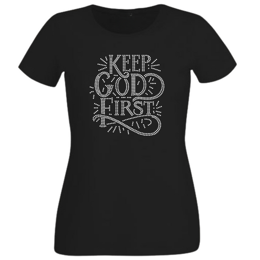 Keep God First Rhinestone Shirt – Christian Faith Sparkle Bling Tee | Blingdazzel