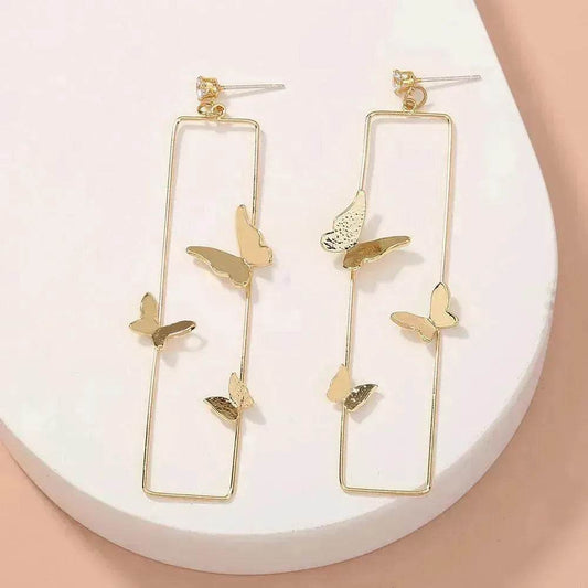 Long Geometric Metal Pop-up Butterfly Stud Drop Earrings - Velora