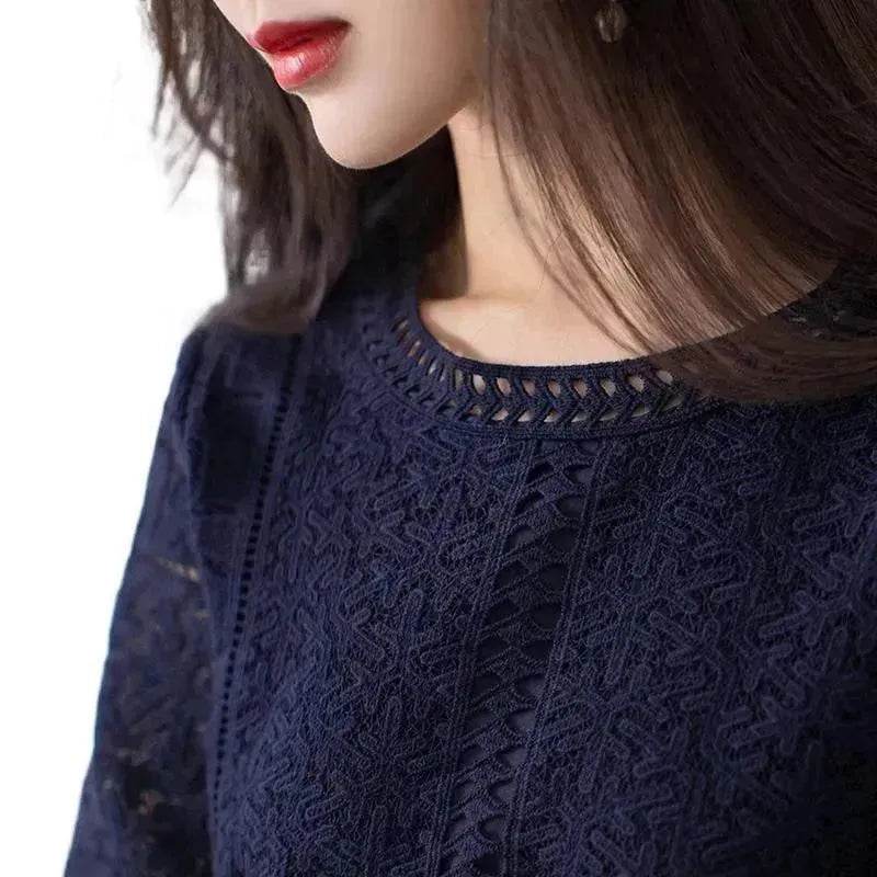Loose Temperament Hollow-out Three-quarter Sleeve Straight Skirt - Velora