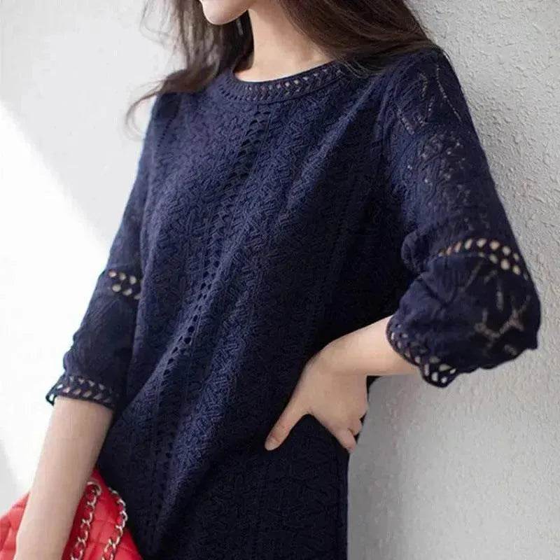 Loose Temperament Hollow-out Three-quarter Sleeve Straight Skirt - Velora