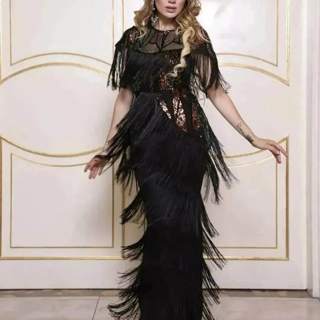 Luxurious Women's Sequined Stretch Fabric Multi-layer Dynamic Tassle Fashion Long Dress for Evening Party Cocktail Wedding Party. - Velora