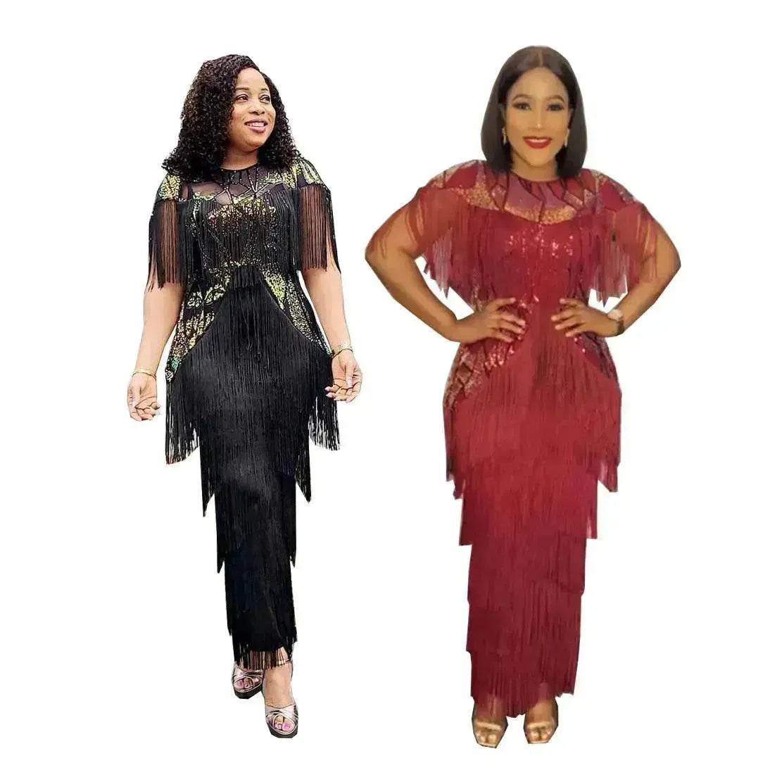 Luxurious Women's Sequined Stretch Fabric Multi-layer Dynamic Tassle Fashion Long Dress for Evening Party Cocktail Wedding Party. - Velora