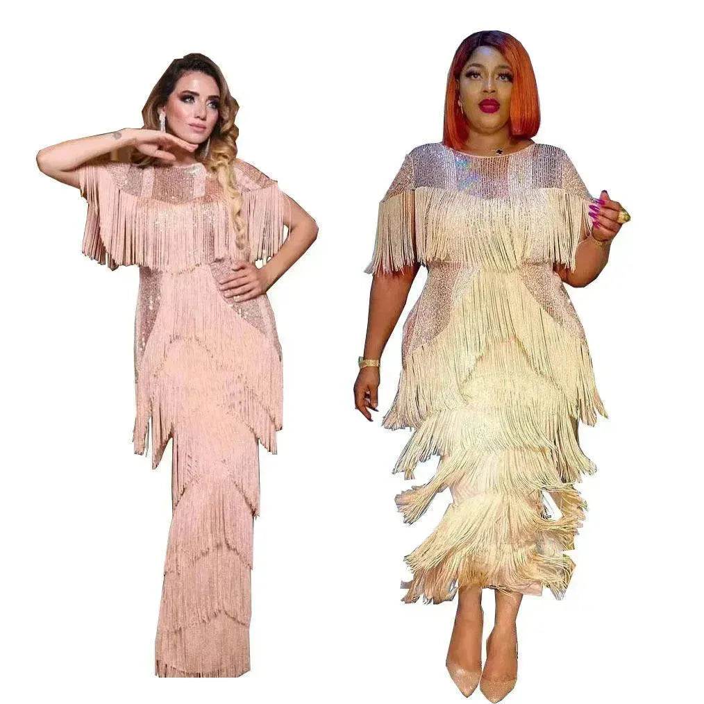 Luxurious Women's Sequined Stretch Fabric Multi-layer Dynamic Tassle Fashion Long Dress for Evening Party Cocktail Wedding Party. - Velora
