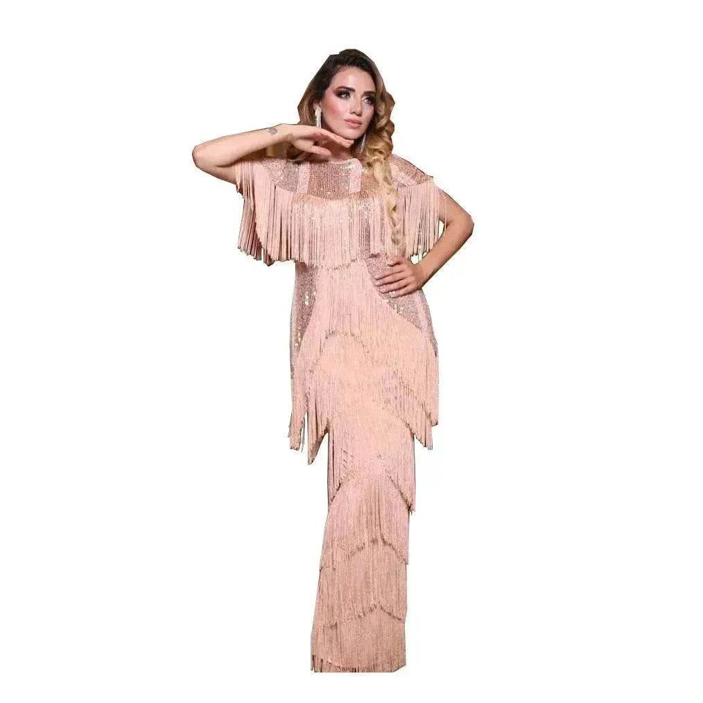 Luxurious Women's Sequined Stretch Fabric Multi-layer Dynamic Tassle Fashion Long Dress for Evening Party Cocktail Wedding Party. - Velora