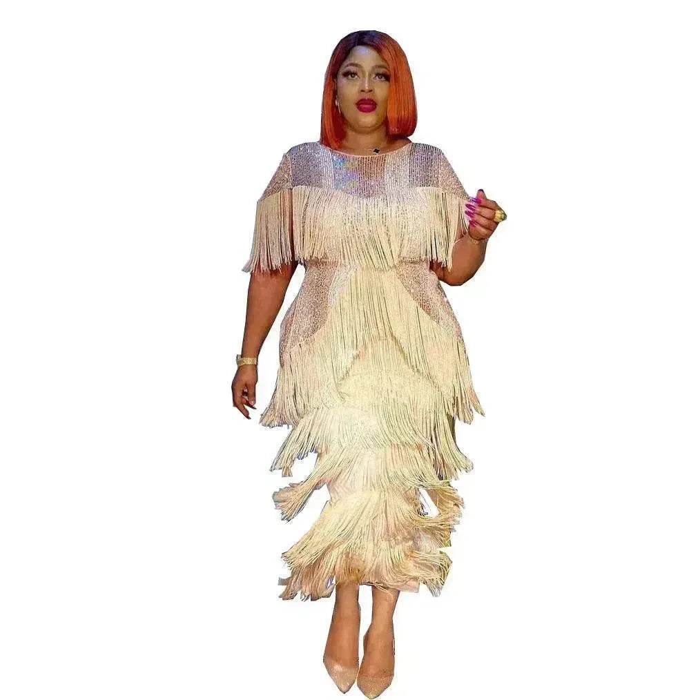 Luxurious Women's Sequined Stretch Fabric Multi-layer Dynamic Tassle Fashion Long Dress for Evening Party Cocktail Wedding Party. - Velora