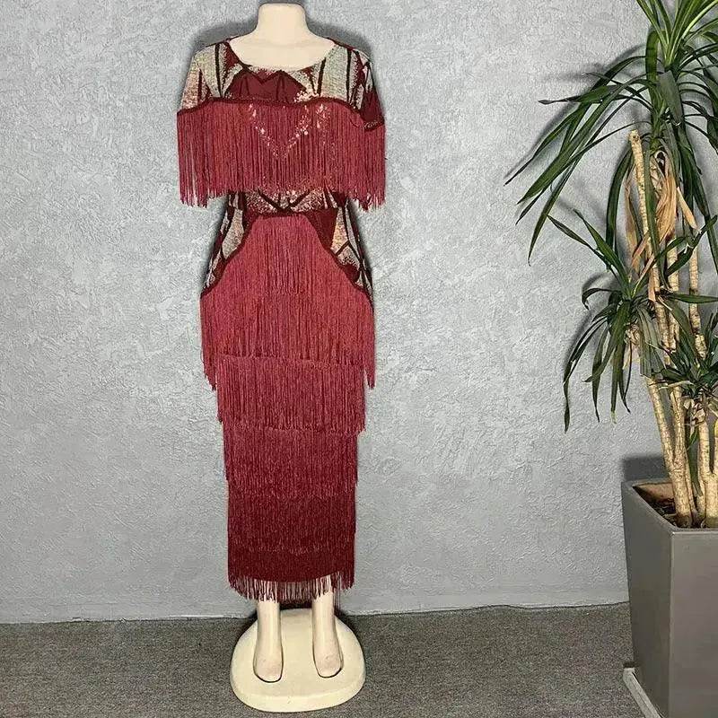 Luxurious Women's Sequined Stretch Fabric Multi-layer Dynamic Tassle Fashion Long Dress for Evening Party Cocktail Wedding Party. - Velora