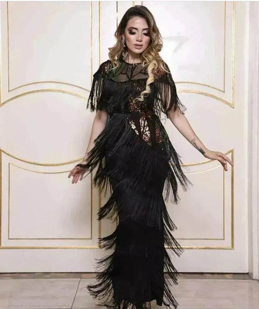 Luxurious Women's Sequined Stretch Fabric Multi-layer Dynamic Tassle Fashion Long Dress for Evening Party Cocktail Wedding Party. - Velora