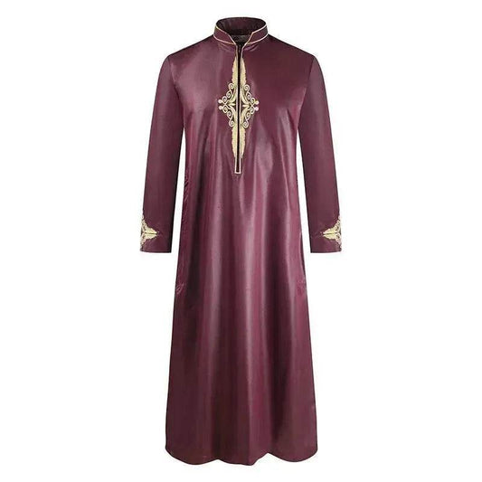 Fashionable and Elegant Men'S Robe Solid Color Embroidered Middle East Arab Long-Sleeved Foreign Trade Robe Moroccan Men's Jalabiya