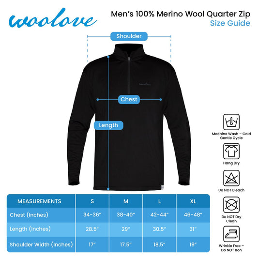 Men's 100% Merino Wool 1/4 Zip Baselayer Pullover 190 GSM - Midweight - Velora