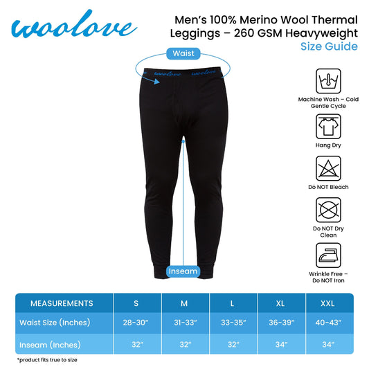 Men's 100% Merino Wool Long Underwear Base Layer Leggings 260 GSM - Heavyweight Woolove Apparel