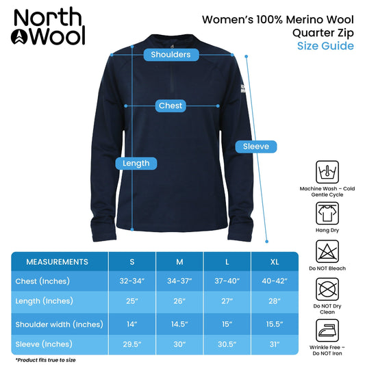NorthWool Women's 100% Merino Wool 1/4 Zip Baselayer Pullover Sweater 260 GSM - Velora