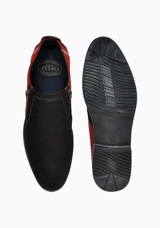 OHM Plain Toe Zip Closure Slip-on Leather Shoes Brown/ Red - Velora