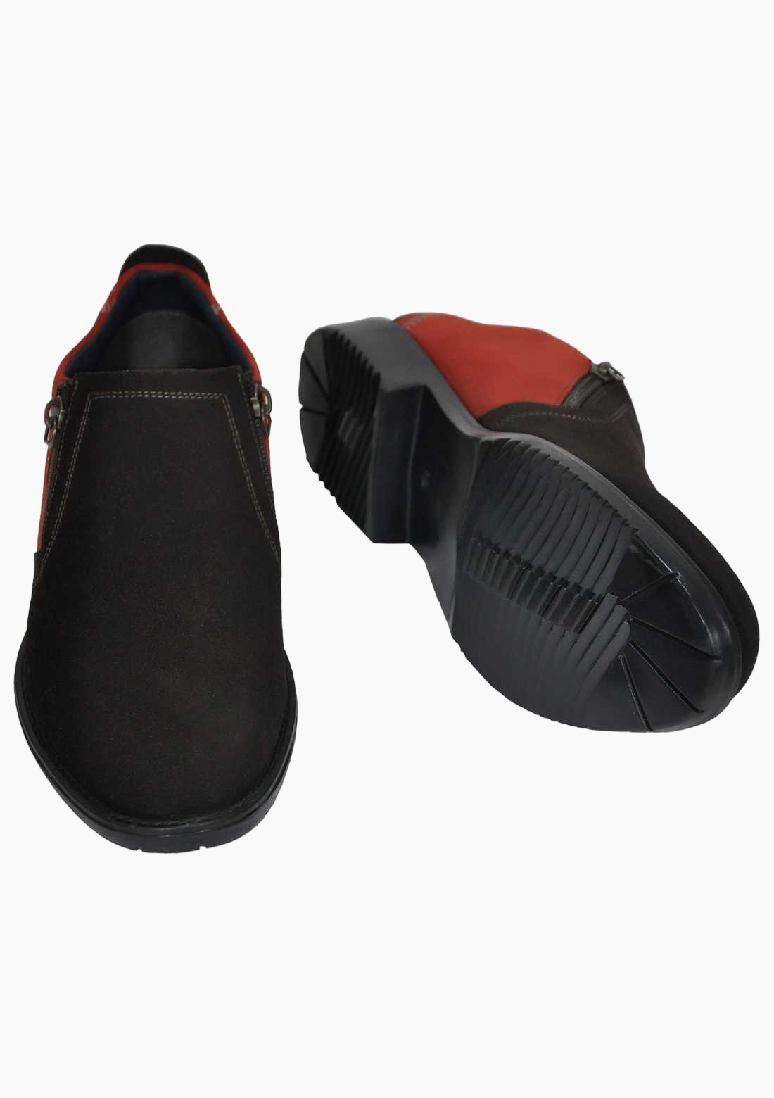 OHM Plain Toe Zip Closure Slip-on Leather Shoes Brown/ Red - Velora