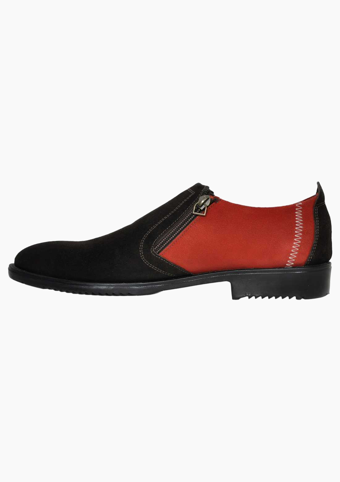 OHM Plain Toe Zip Closure Slip-on Leather Shoes Brown/ Red - Velora