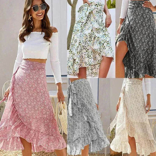 Printed Lace Up Split Expansion Midi Floral Skirt With Lining - Velora