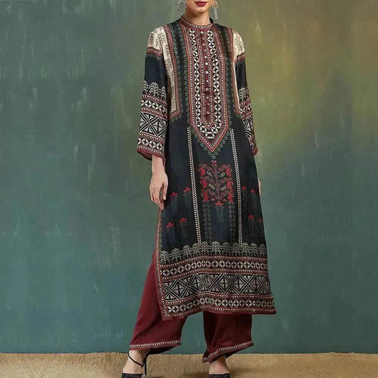 Printed Loose Middle East Print Slit Long Skirt Outfit set for Arab Turkey Women - Velora