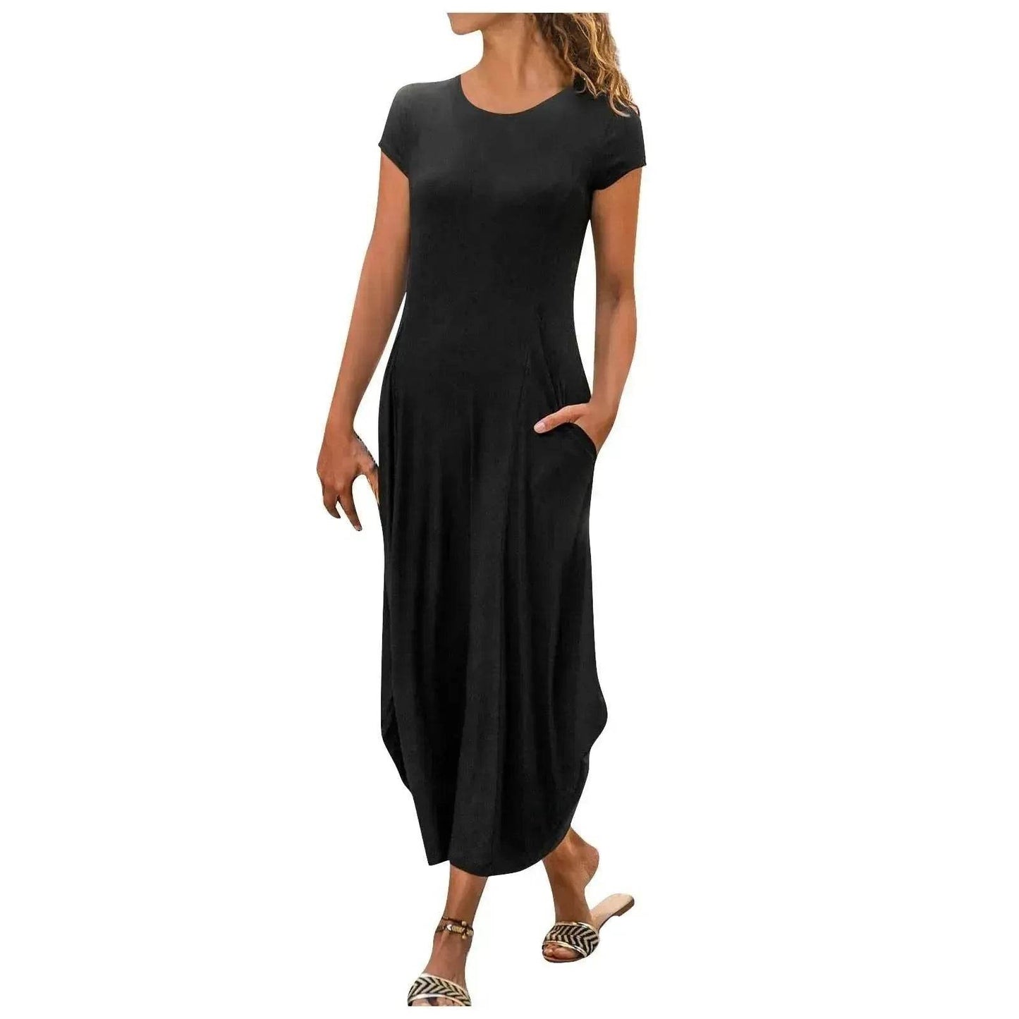 Pullover Short Sleeve Round Neck Mid Waist Solid Color Dress - Velora