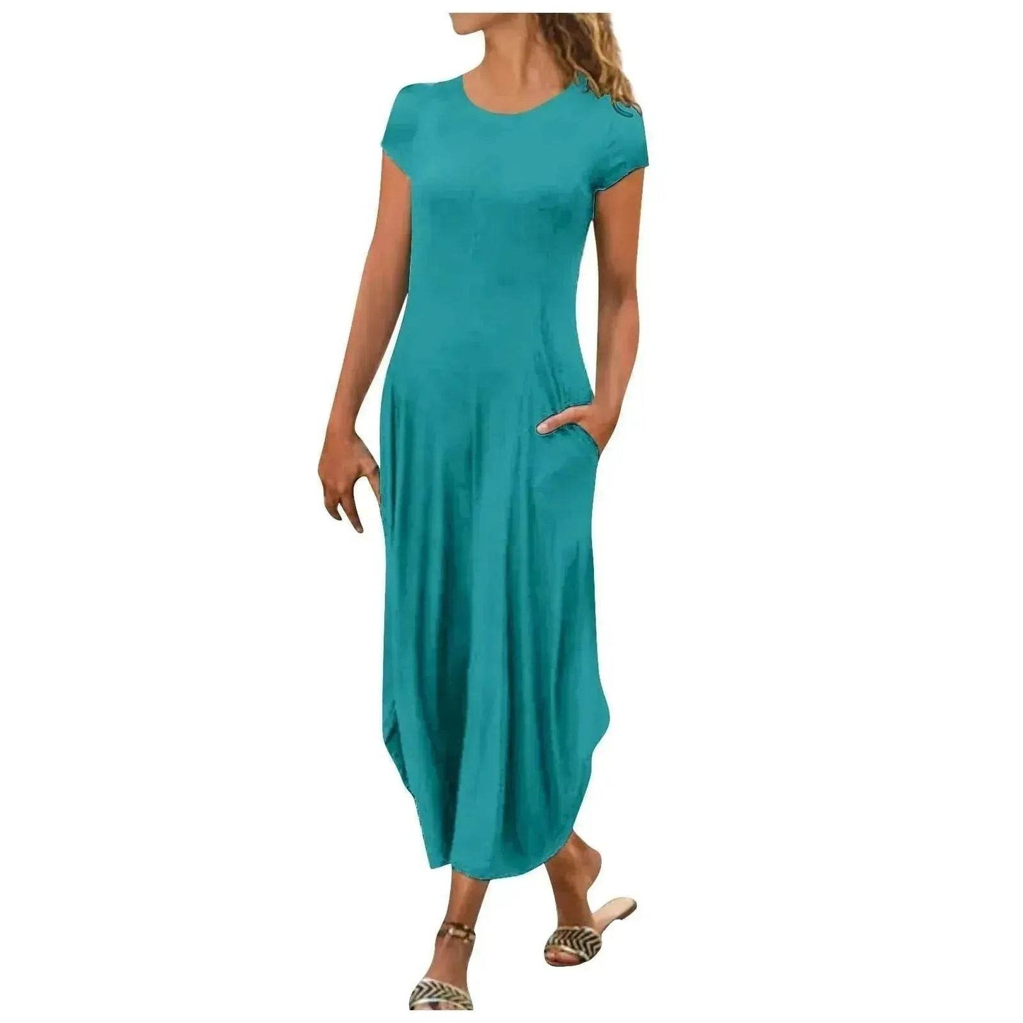 Pullover Short Sleeve Round Neck Mid Waist Solid Color Dress - Velora