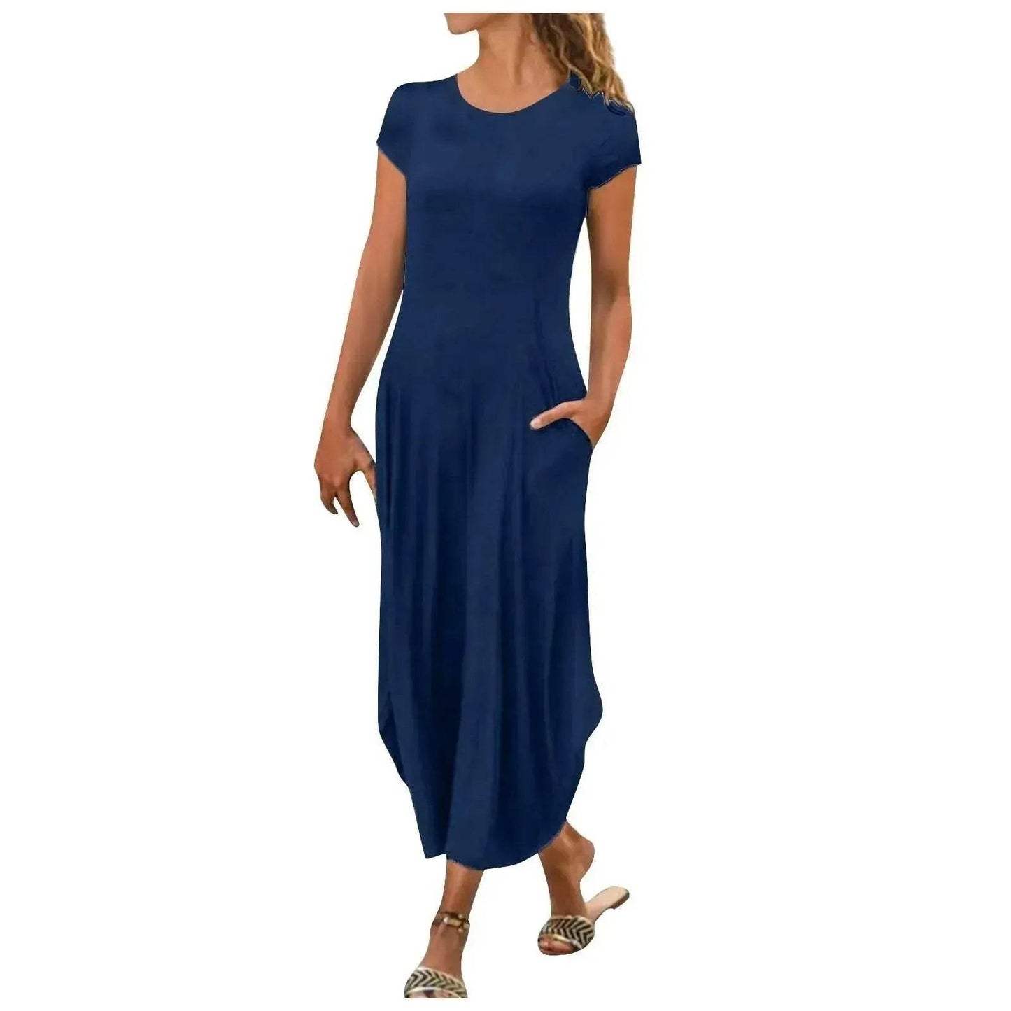 Pullover Short Sleeve Round Neck Mid Waist Solid Color Dress - Velora