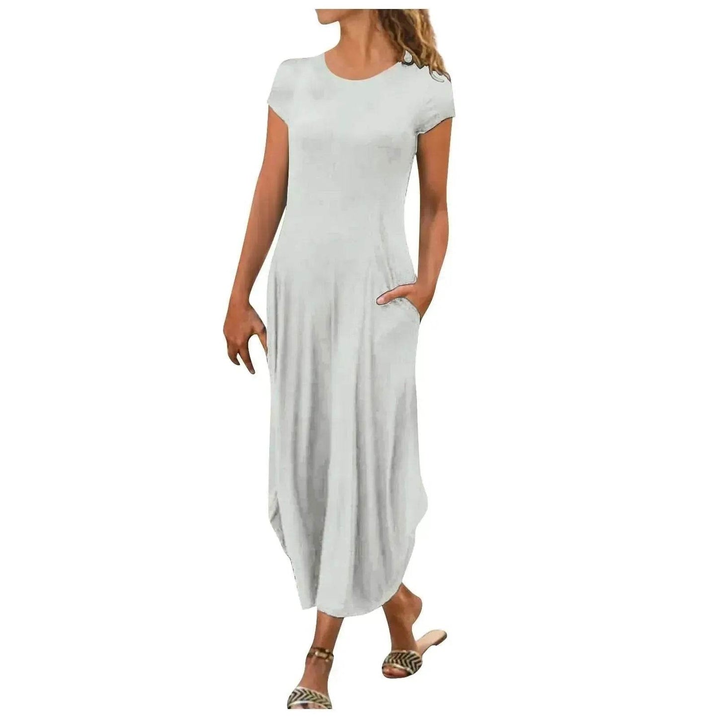 Pullover Short Sleeve Round Neck Mid Waist Solid Color Dress - Velora