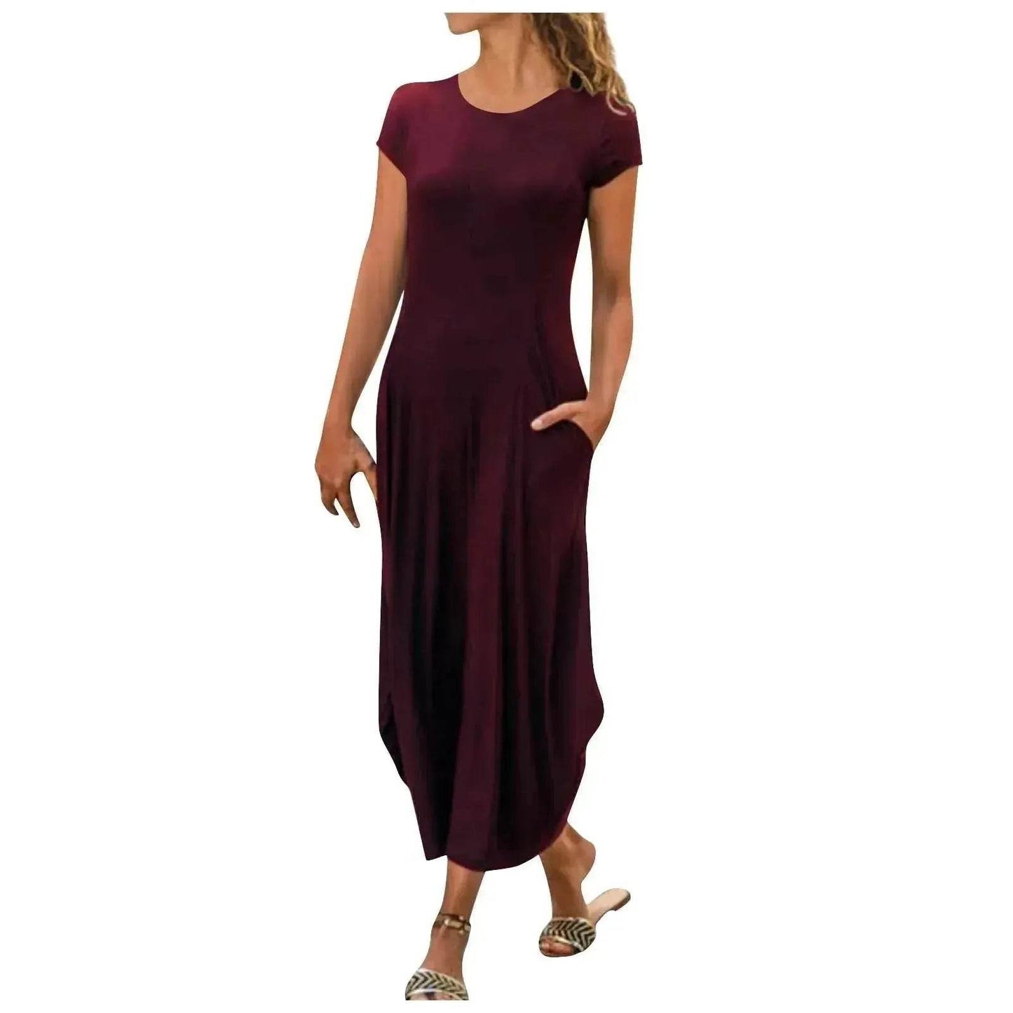 Pullover Short Sleeve Round Neck Mid Waist Solid Color Dress - Velora