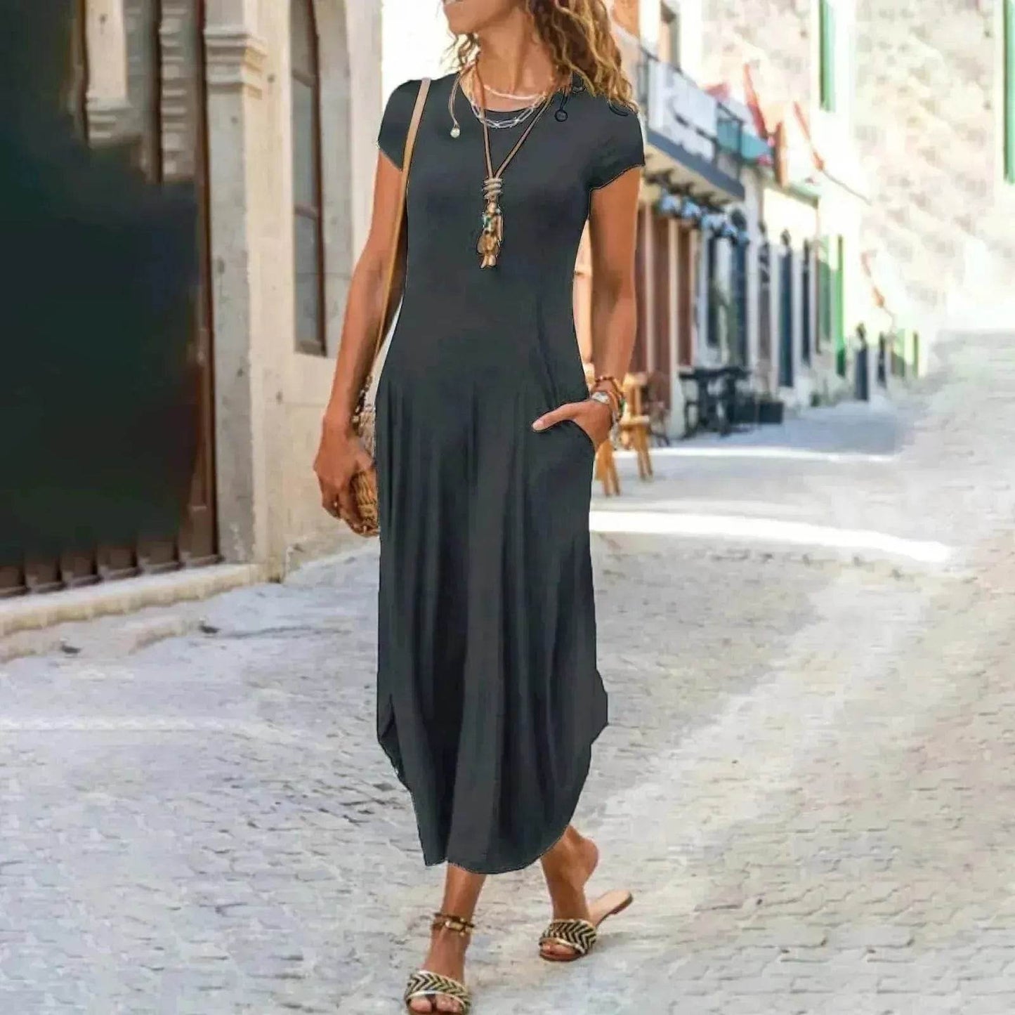Pullover Short Sleeve Round Neck Mid Waist Solid Color Dress - Velora