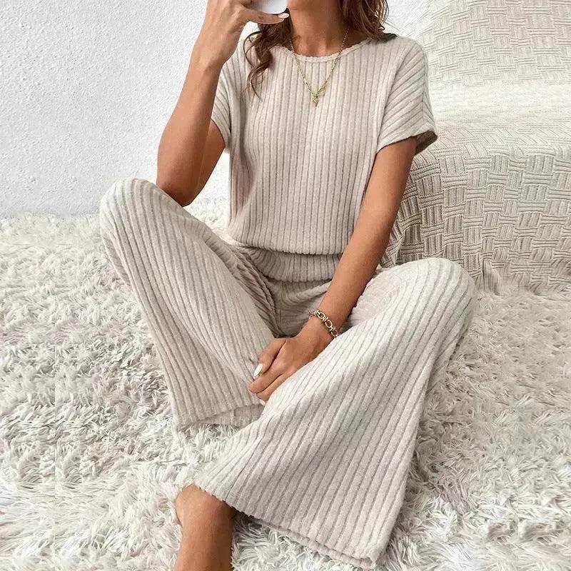 Round Neck Solid Color Fashion Knitted Top And Trousers Two-piece Set - Velora