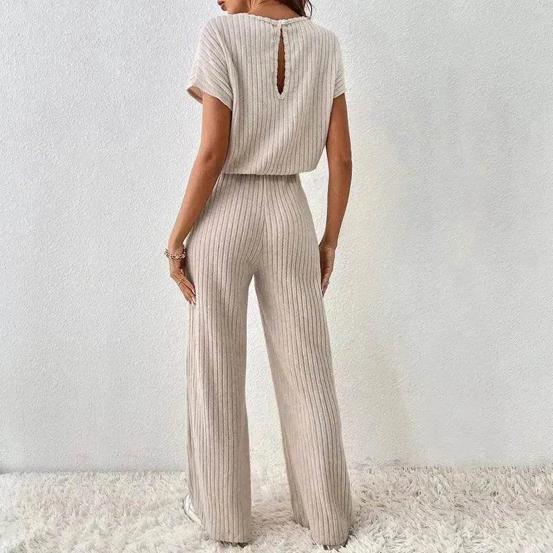 Round Neck Solid Color Fashion Knitted Top And Trousers Two-piece Set - Velora