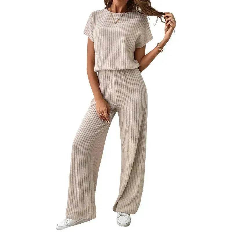Round Neck Solid Color Fashion Knitted Top And Trousers Two-piece Set - Velora