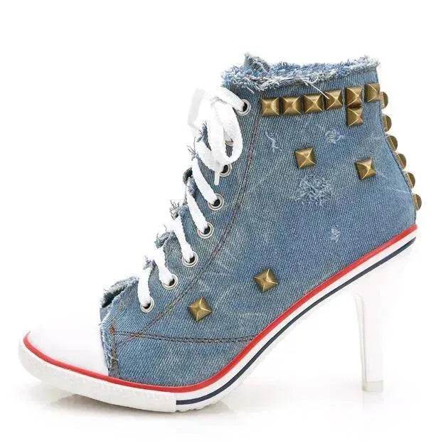 Denim High Heels boot Round Toe Women's Shoes - Velora