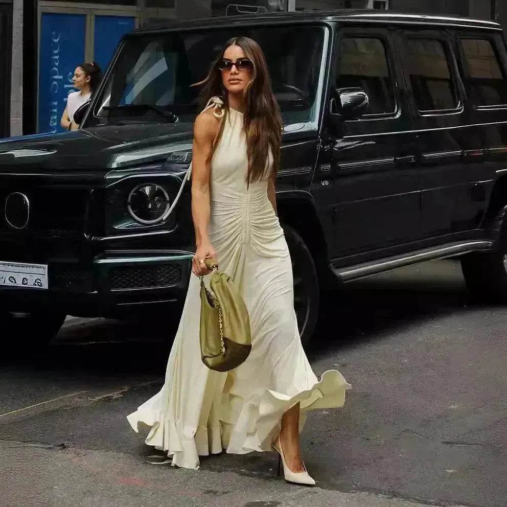 Sleeveless Round Neck Lace-up Pleated Swing Long Summer Dress - Velora