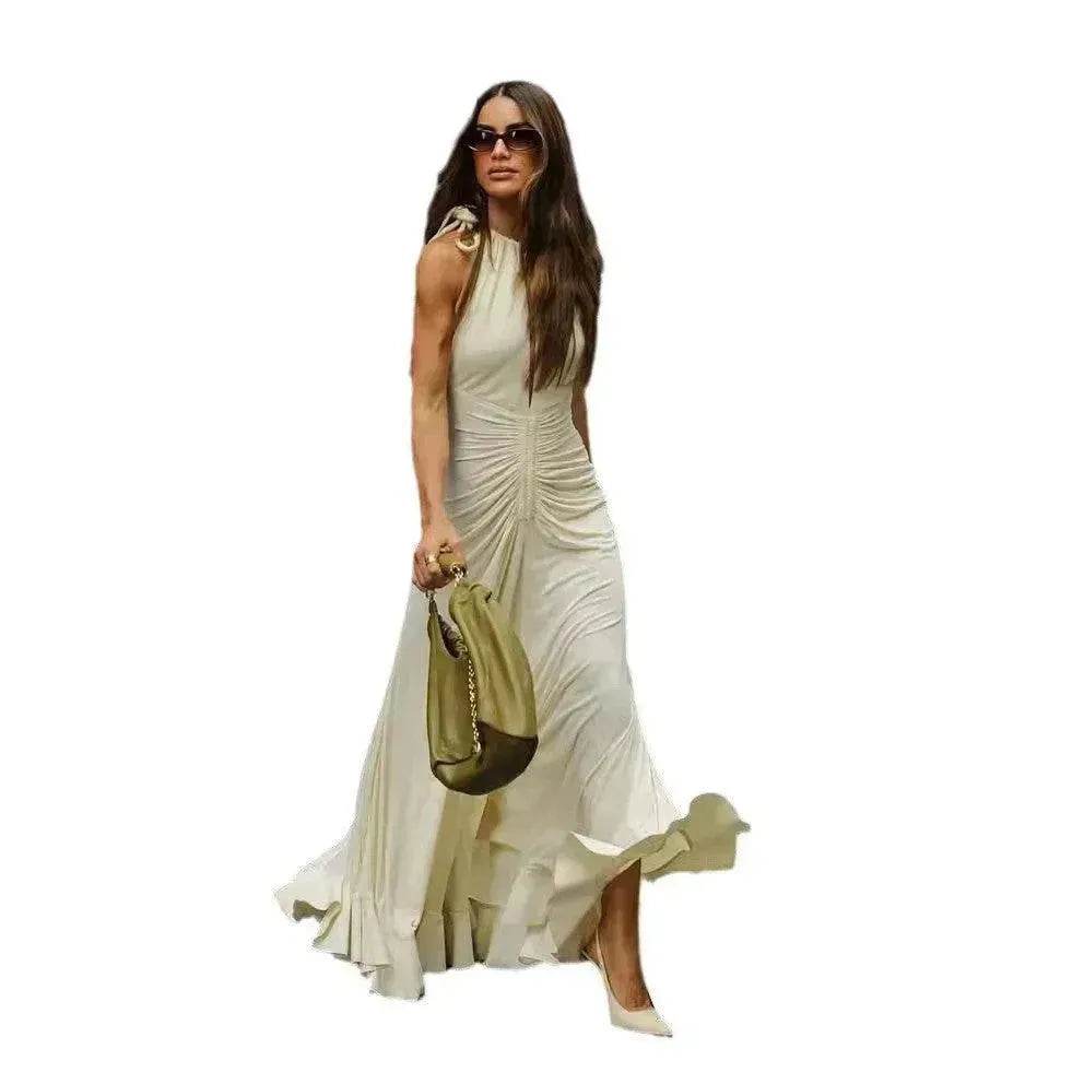 Sleeveless Round Neck Lace-up Pleated Swing Long Summer Dress - Velora