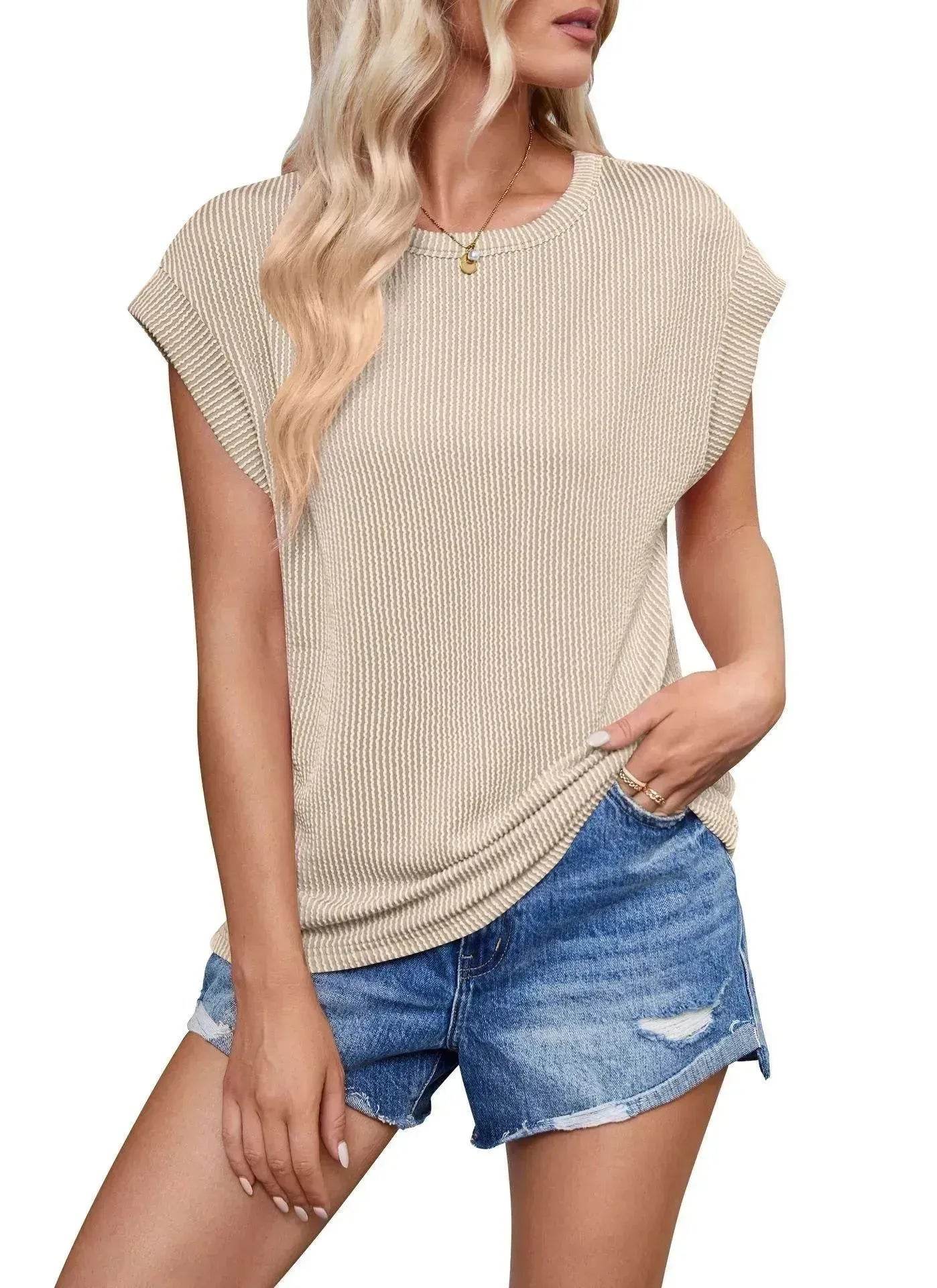 Solid Color Stripe Bat-sleeve Summer Casual Loose Vest blouse Tops for Women. - Velora