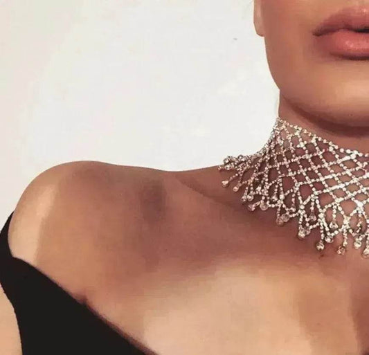 Sparling Rhinestone Diamond Fringed Tassel Choker Necklace for Women Bridal Wedding Luxury Necklace