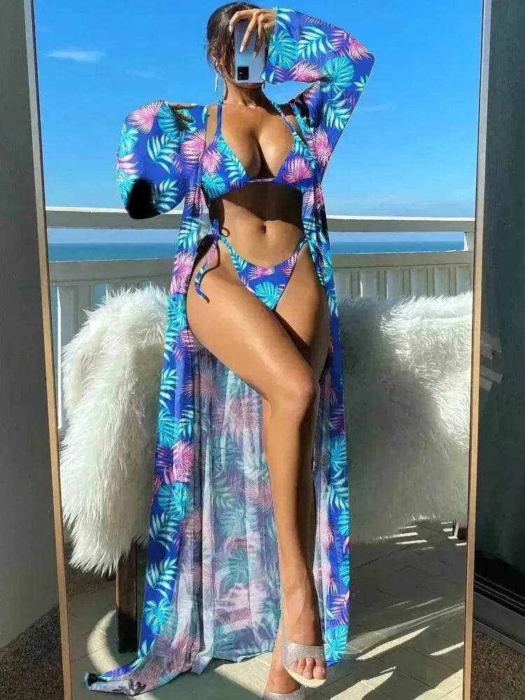 Split Long Sleeve Ins Blouse Banded Bikini - Velora