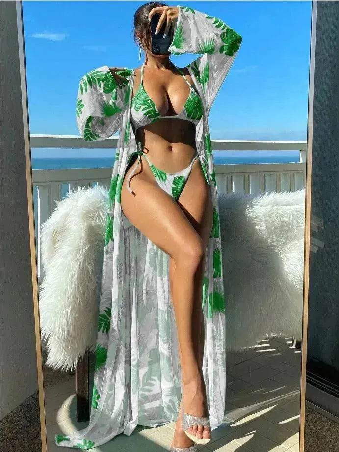Split Long Sleeve Ins Blouse Banded Bikini - Velora