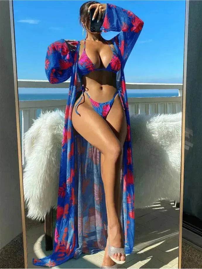 Split Long Sleeve Ins Blouse Banded Bikini - Velora