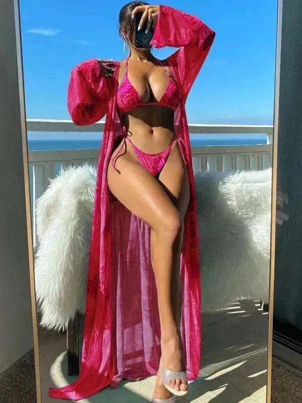 Split Long Sleeve Ins Blouse Banded Bikini - Velora