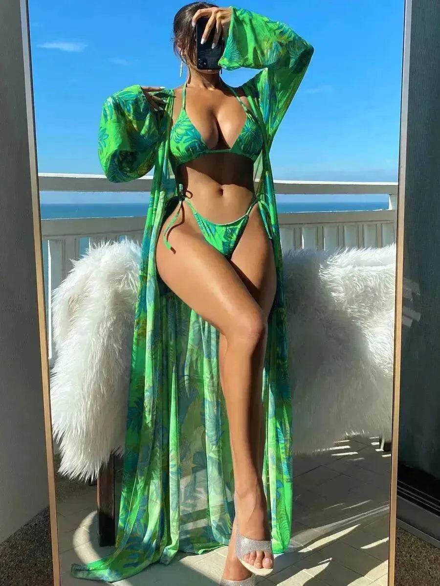 Split Long Sleeve Ins Blouse Banded Bikini - Velora