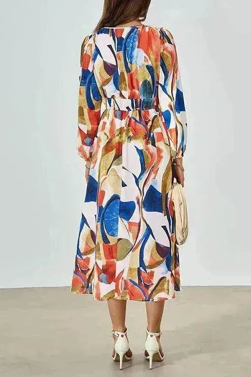 Spring NEW Long Casual Long Sleeve V-neck Printed Beach Long Flowy Dress - Velora