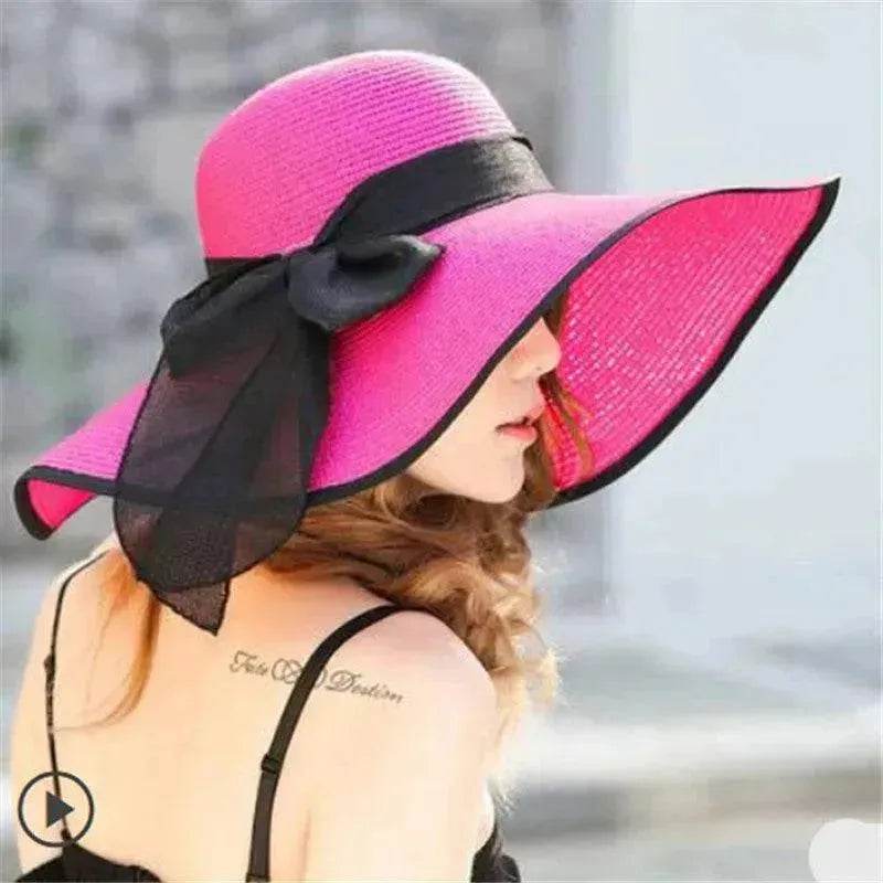 Women's Foldable Straw Sun Hat – Wide Brim Beach Hat with Bow
