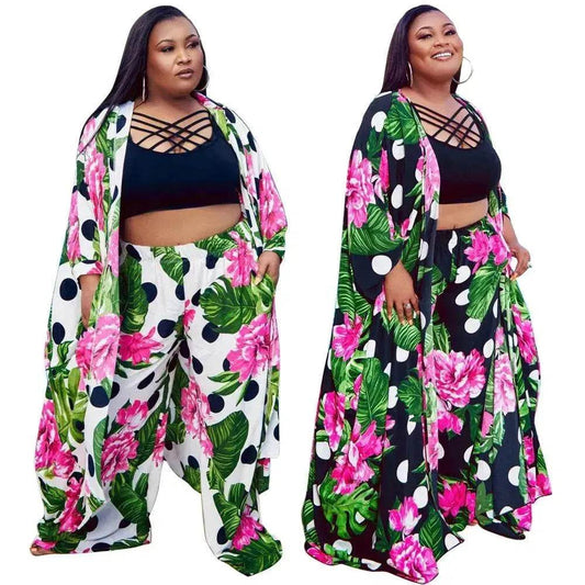Trendy European and American Ruffle Sleeve Women's Printed Pants Coat Set - Velora