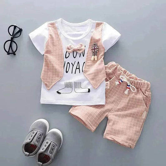 Two-piece Children's Suit With Short Sleeve Shorts And Suspenders Top Shirt - Velora