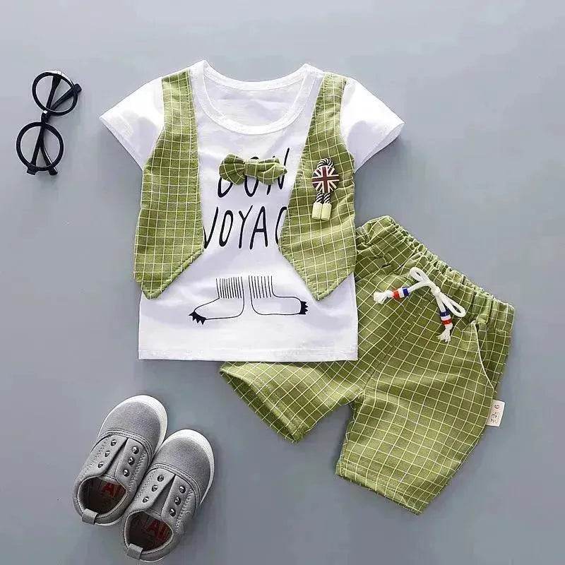 Two-piece Children's Suit With Short Sleeve Shorts And Suspenders Top Shirt - Velora