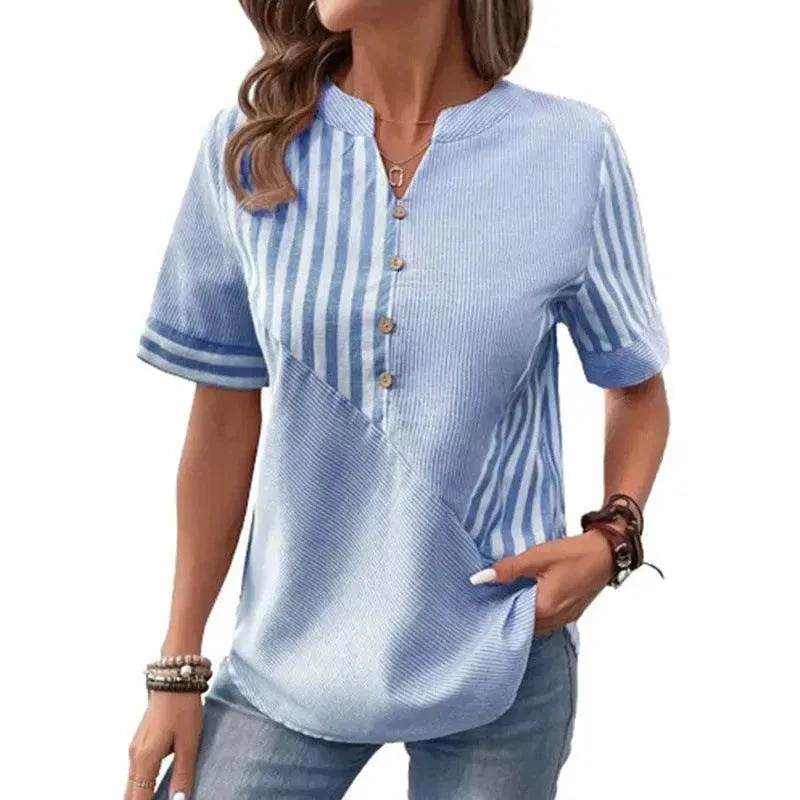 Women's Fashion V-neck Asymmetric Stripes Patchwork Top - Velora