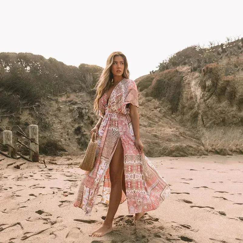 Women's Flowers Printed Dress Bohemian Irregular Beach Clothes - Velora