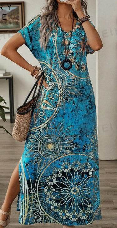 Women's Vintage Floral Print V-Neck Batwing Sleeve Casual Summer Dress Maxi Women Dresses Long Dress - Velora